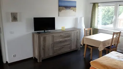 Wohnung 1, Zimmer mit TV, Kommode und Esstisch